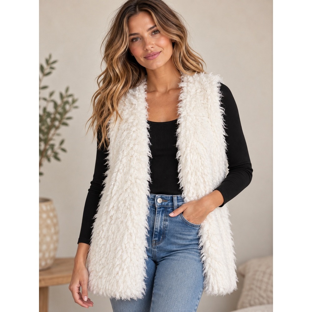 White Faux Fur Teddy Vest Shaggy Open Front Boho Après Ski XS Rampage